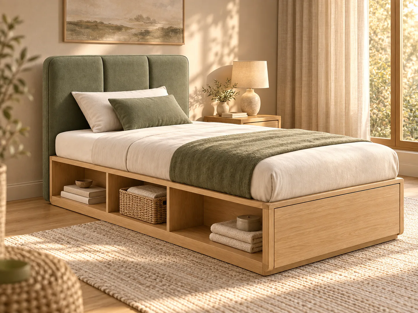 Tempat tidur kayu dengan kepala tempat tidur hijau di kamar yang tenang