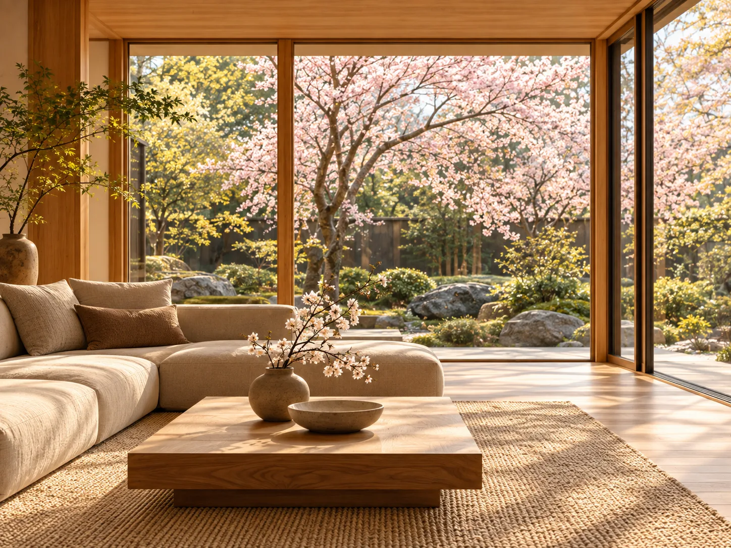 Ruang duduk Japandi dengan bunga sakura